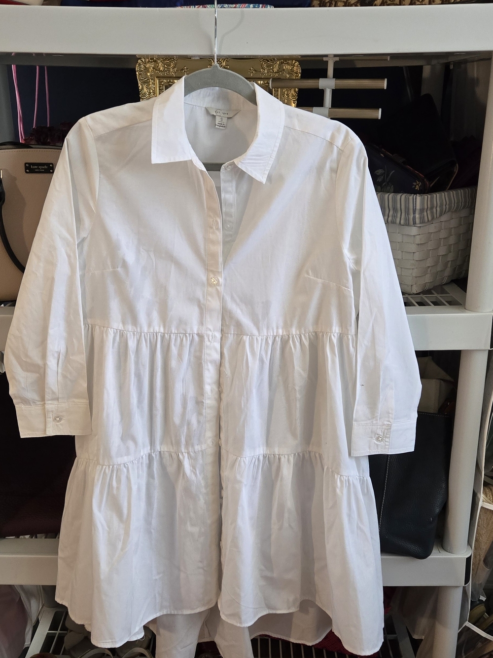 Tiered White Long-Sleeve Button Front Shirt Dress